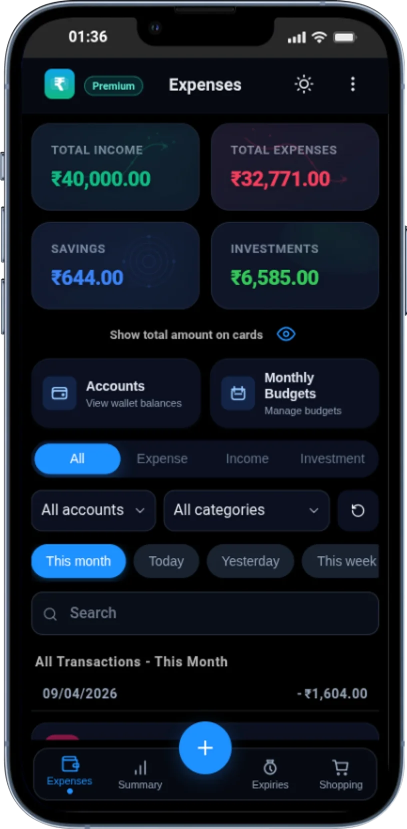 Expense Tracker app interface showing dark mode and expense tracking features
